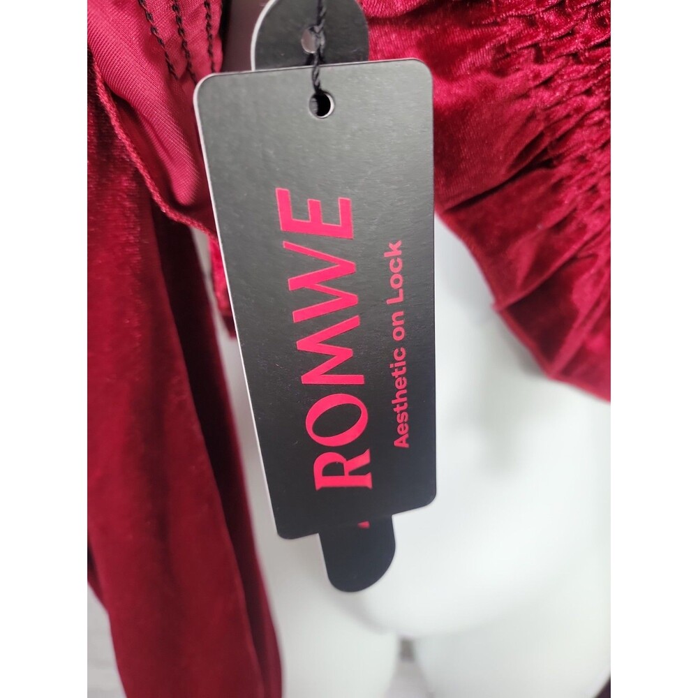 ROMWE Velvet Top 1XL Red Victorian Gothic Witch Ruffled High Neck Crochet NEW - Picture 7 of 9